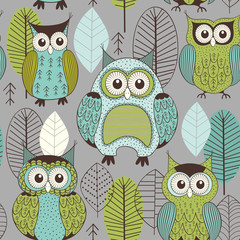 seamless pattern with cute color owls - vector illustration, eps