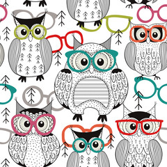 seamless pattern owls with glasses- vector illustration, eps
