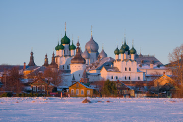 Rostov Velikiy  and Kremlin ensemble in the winter sunset. Gold ring of Russia