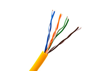 An ethernet wire  cable or yellow patch-cord with twisted pair.