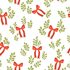 Seamless vector pattern with cute red bows and branch