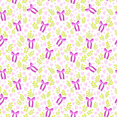 Seamless vector pattern with cute pink bows, small hearts and branch