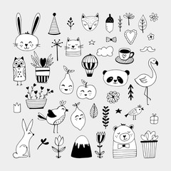 Modern cute animals and nature elemets black and white hand draw