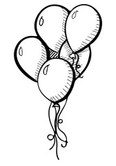 Group of balloons on a string. Hand drawn, isolated on a white background. Vector illustration.