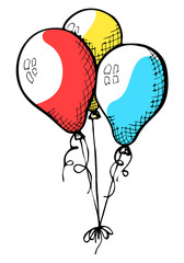 Three balloons on a string. Hand drawn, isolated on a white background. Vector illustration.