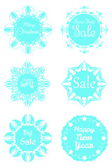 Set of festive stickers snowflakes with the text.
