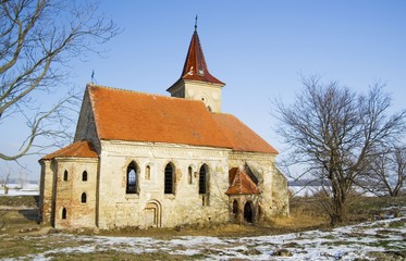 Abandoned church of St. Linhart on frozen Musov reservoir