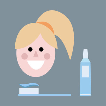 A smiling girl with yellow hair with a toothbrush and toothpaste. Flat avatar.