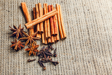 Spices and herbs. Food and cuisine ingredients. Cinnamon sticks,