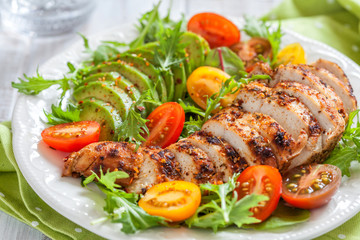Healthy salad plate with colorful tomatoes, chicken breast and avocado