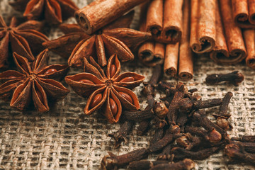 Spices and herbs. Food and cuisine ingredients. Cinnamon sticks,
