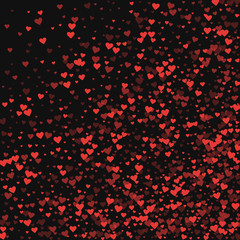 Red hearts confetti. Abstract random scatter on black valentine background. Vector illustration.