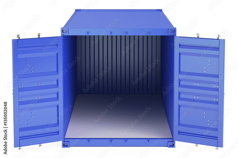 Poster blue opened empty cargo container, front view. 3d rendering