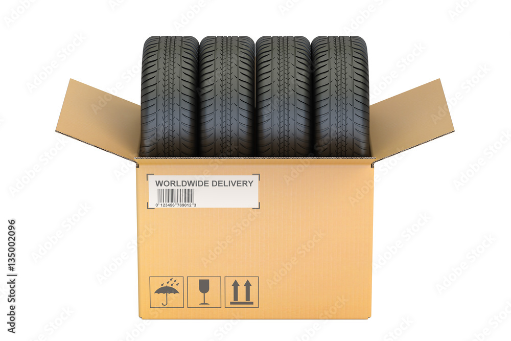 Poster cardboard box with tires, 3d rendering