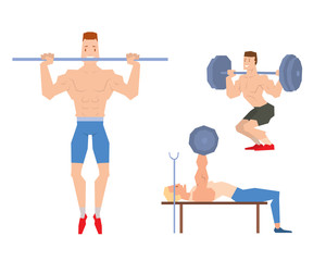 Obraz premium Man lifting heavy weight barbell sport gym people vector.