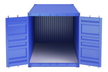 blue opened empty cargo container, front view. 3D rendering
