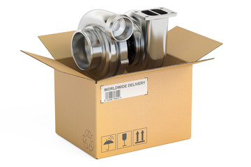 Cardboard Box with Car Turbocharger, 3D rendering