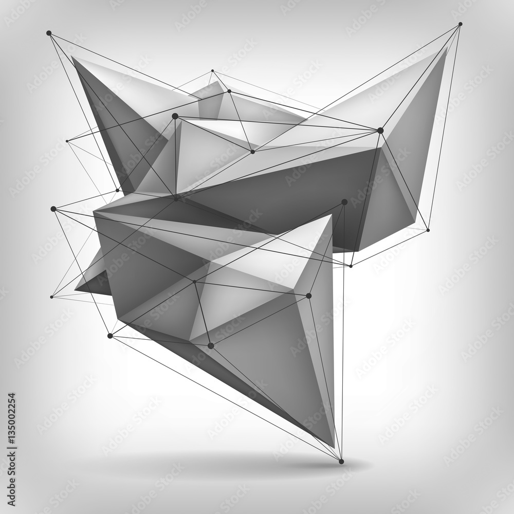 Poster volume geometric shape, lines and points, 3d crystal, abstraction low polygons object, vector design