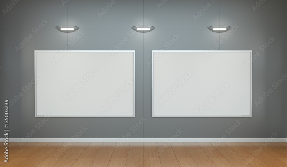Poster two white blanks canvas on a wall 3d rendering