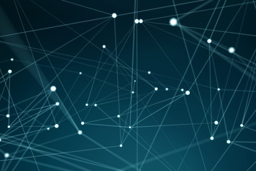 Floating white and blue glowing dot network 3D rendering