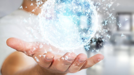 Businessman holding 3D rendering data network sphere in his hand