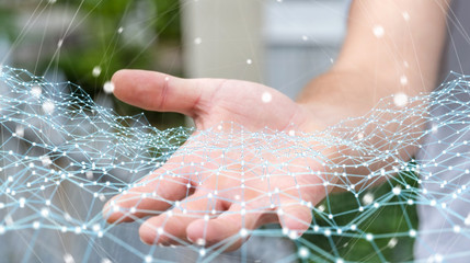Fototapeta premium Businessman holding flying network dot 3D rendering