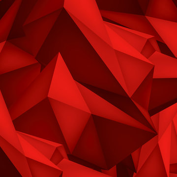 Volume geometric shape, 3d crystal red background, abstraction low polygons object, vector design form