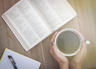 Fototapeta na wymiar Bible Study with Coffee in Morning Light