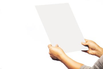 Woman in grey shirt is holding a blank poster template