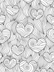 Seamless pattern with abstract waves and hearts. Zentangle inspired style. - 135005867