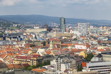 Fototapeta na wymiar View of Bratislava with a cable-stayed bridge