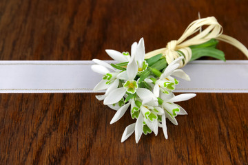 Blumenstrauß Schneeglöckchen mit Schleifenband auf Holz