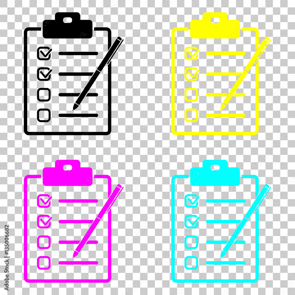 Poster checklist with pen icon. colored set of cmyk icons on transparent background.
