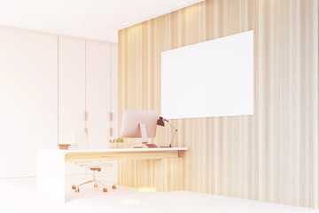 Corner of CEO office, wooden wall, poster, toned