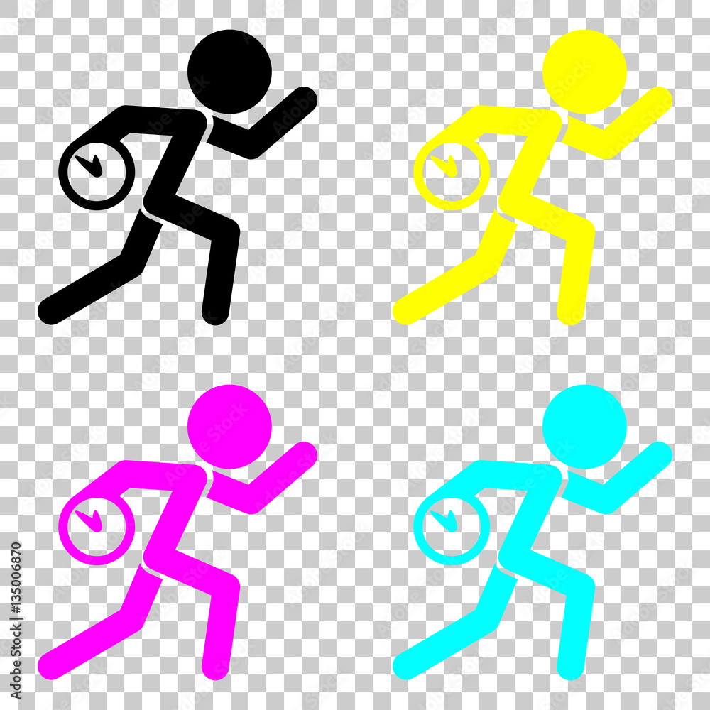 Poster running man with clock. simple icon. to be late. an unpleasant situation. colored set of cmyk icons 