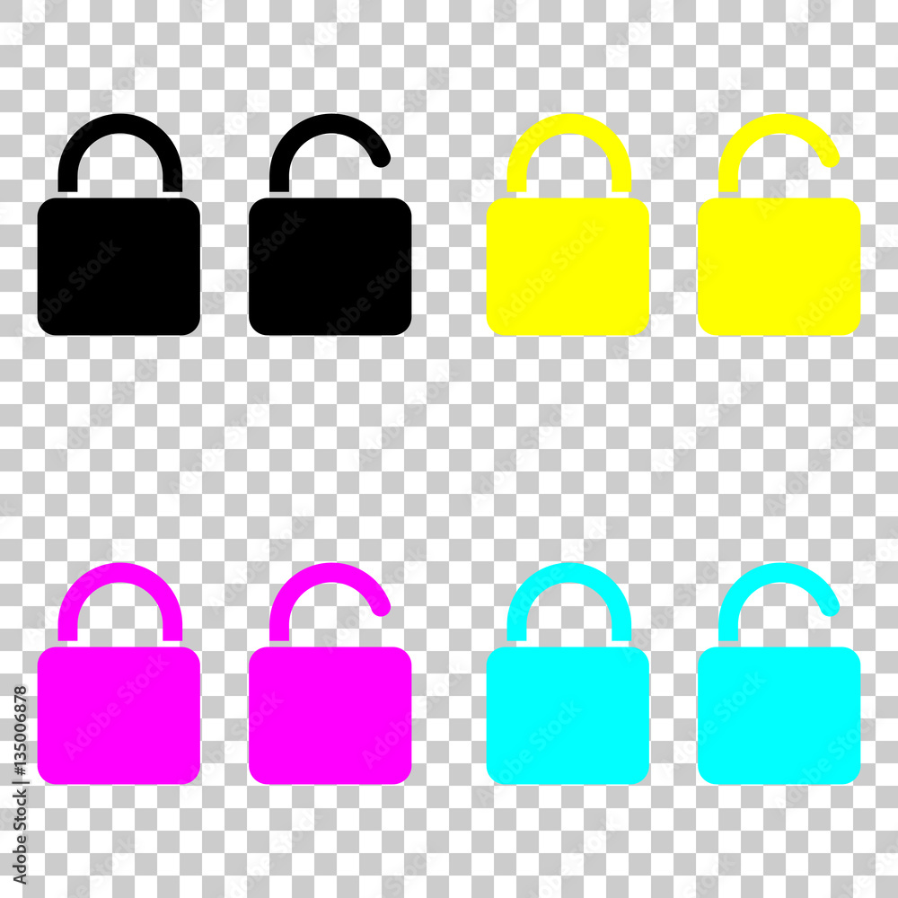 Poster lock and unlock icon. colored set of cmyk icons on transparent background.