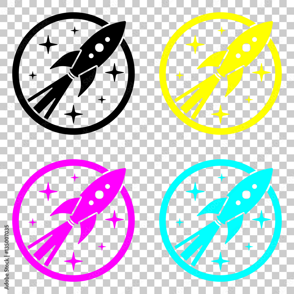 Aufkleber rocket launch with stars in circle icon. colored set of cmyk icons on transparent background.