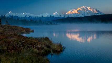 AUGUST 28, 2016 - Mount Denali at Wonder Lake, previously known as Mount McKinley, the highest mountain peak in North America, at 20, 310 feet above sea level. Located in the Alaska Range, Denali National Park and Preserve, Alaska - shot at Sunrise.