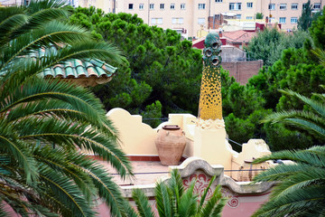 Decorated chimney in the Park Guell in Barcelona, Spain.