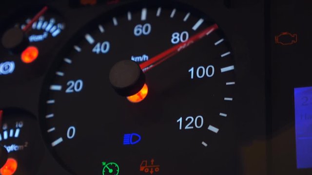 Speedometer needle of the truck is approaching to the maximum value 120 km/h. Vehicle vibration adds adrenaline and increases the feeling of a strong acceleration of the heavy car. 