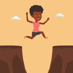 Sportswoman jumping over cliff vector illustration