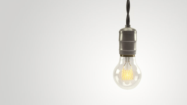 Illuminated 3D rendered vintage lightbulb over a bright white ba