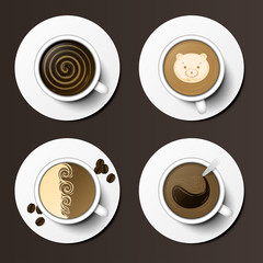 Coffee cups assortment top view collection vector illustration.