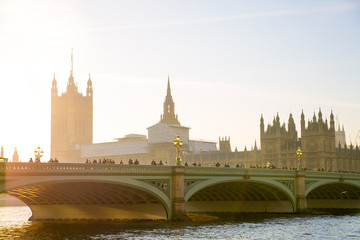 Houses of Parliament and Westminster bridge at sunset. London