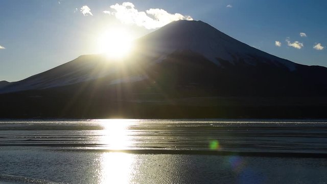 厳冬期の山中湖より富士山夕景
