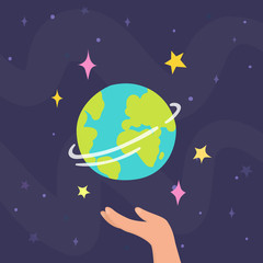 Hand holding planet Earth. Vector hand drawn cartoon illustration