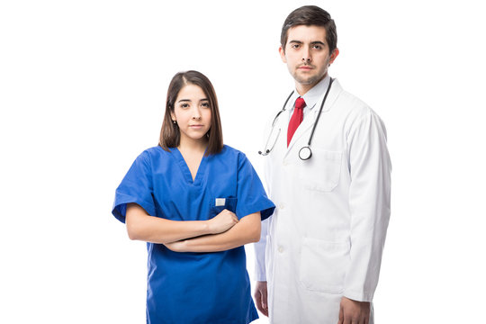 Young doctor and nurse in a studio