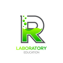 Letter R Green color,Laboratory beaker,Science education,Chemical Logotype