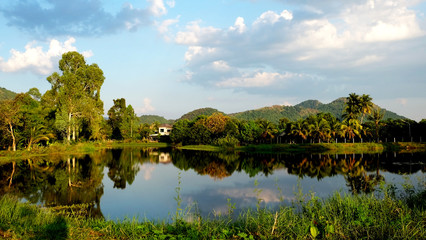 Fototapeta premium landscape with mountains trees and a river in front,Beautiful scenery,A small house surrounded by beautiful nature.