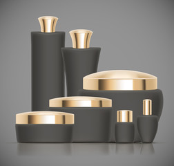 Set of black Luxury cosmetic packaging collection with gold cap and blank space for your design isolated vector illustration